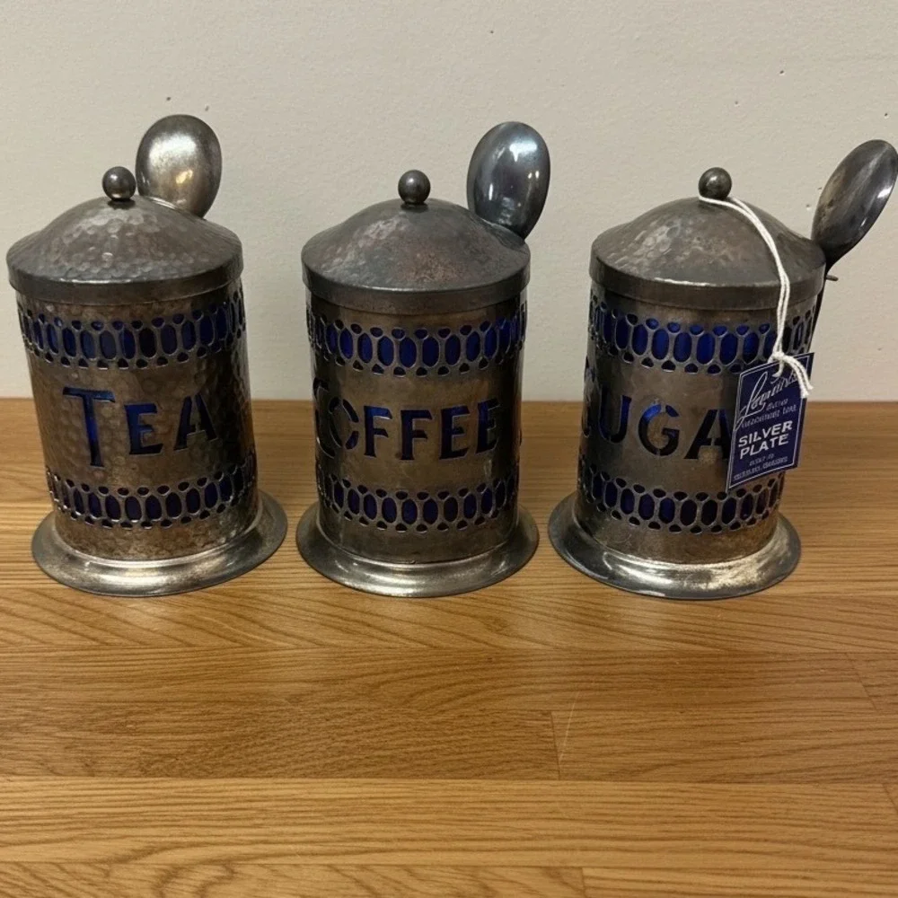 Leonard Silver Sheffield Cobalt Blue Glass Tea Coffee Sugar Canister Set 3pc